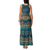 Dark Cyan Blue Batik Papua-inspired Pattern Family Matching Tank Maxi Dress and Hawaiian Shirt - Polynesian Pride