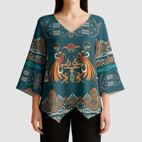 Dark Cyan Blue Batik Papua-inspired Pattern Kimono Sleeve Blouse LT9 - Polynesian Pride