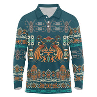 Dark Cyan Blue Batik Papua-inspired Pattern Long Sleeve Polo Shirt - Polynesian Pride