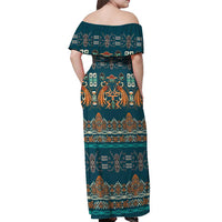 Dark Cyan Blue Batik Papua-inspired Pattern Off Shoulder Maxi Dress - Polynesian Pride