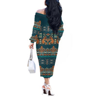 Dark Cyan Blue Batik Papua-inspired Pattern Off The Shoulder Long Sleeve Dress - Polynesian Pride