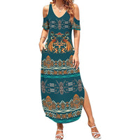 Dark Cyan Blue Batik Papua-inspired Pattern Summer Maxi Dress - Polynesian Pride