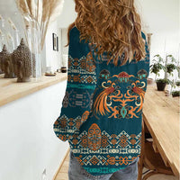 Dark Cyan Blue Batik Papua-inspired Pattern Women Casual Shirt - Polynesian Pride