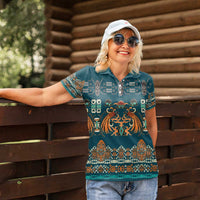 Dark Cyan Blue Batik Papua-inspired Pattern Women Polo Shirt LT9 - Polynesian Pride