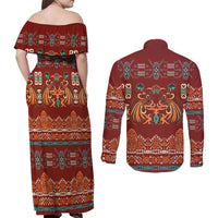 Oxblood Batik Papua-inspired Pattern Couples Matching Off Shoulder Maxi Dress and Long Sleeve Button Shirt - Polynesian Pride