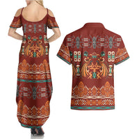 Oxblood Batik Papua-inspired Pattern Couples Matching Summer Maxi Dress and Hawaiian Shirt - Polynesian Pride