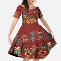 Oxblood Batik Papua-inspired Pattern Family Matching Long Sleeve Bodycon Dress and Hawaiian Shirt LT9 Daughter's Dress Red - Polynesian Pride