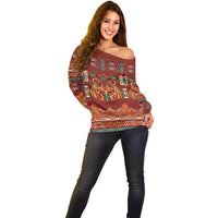 Oxblood Batik Papua-inspired Pattern Off Shoulder Sweater - Polynesian Pride