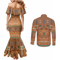 Terracotta Batik Papua-inspired Pattern Couples Matching Mermaid Dress and Long Sleeve Button Shirt - Polynesian Pride
