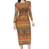 Terracotta Batik Papua-inspired Pattern Family Matching Long Sleeve Bodycon Dress and Hawaiian Shirt LT9 Mom's Dress Gold - Polynesian Pride