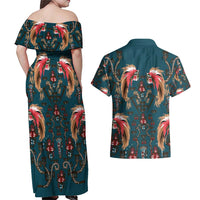 Dark Cyan Blue Bird of Batik Papua Couples Matching Off Shoulder Maxi Dress and Hawaiian Shirt Exotic Natural Wealth of Papua - Polynesian Pride