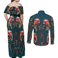 Dark Cyan Blue Bird of Batik Papua Couples Matching Off Shoulder Maxi Dress and Long Sleeve Button Shirt Exotic Natural Wealth of Papua LT9 - Polynesian Pride