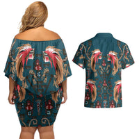 Dark Cyan Blue Bird of Batik Papua Couples Matching Off Shoulder Short Dress and Hawaiian Shirt Exotic Natural Wealth of Papua - Polynesian Pride