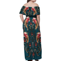 Dark Cyan Blue Bird of Batik Papua Family Matching Off Shoulder Maxi Dress and Hawaiian Shirt Exotic Natural Wealth of Papua - Polynesian Pride