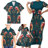 Dark Cyan Blue Bird of Batik Papua Family Matching Short Sleeve Bodycon Dress and Hawaiian Shirt Exotic Natural Wealth of Papua LT9 - Polynesian Pride