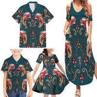 Dark Cyan Blue Bird of Batik Papua Family Matching Summer Maxi Dress and Hawaiian Shirt Exotic Natural Wealth of Papua - Polynesian Pride