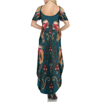 Dark Cyan Blue Bird of Batik Papua Family Matching Summer Maxi Dress and Hawaiian Shirt Exotic Natural Wealth of Papua - Polynesian Pride