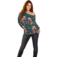 Dark Cyan Blue Bird of Batik Papua Off Shoulder Sweater Exotic Natural Wealth of Papua - Polynesian Pride