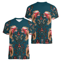 Dark Cyan Blue Bird of Batik Papua Women V-Neck T-Shirt Exotic Natural Wealth of Papua - Polynesian Pride