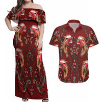 Oxblood Bird of Batik Papua Couples Matching Off Shoulder Maxi Dress and Hawaiian Shirt Exotic Natural Wealth of Papua - Polynesian Pride