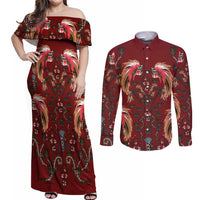 Oxblood Bird of Batik Papua Couples Matching Off Shoulder Maxi Dress and Long Sleeve Button Shirt Exotic Natural Wealth of Papua LT9 Red - Polynesian Pride