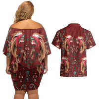 Oxblood Bird of Batik Papua Couples Matching Off Shoulder Short Dress and Hawaiian Shirt Exotic Natural Wealth of Papua - Polynesian Pride