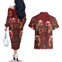 Oxblood Bird of Batik Papua Couples Matching Off The Shoulder Long Sleeve Dress and Hawaiian Shirt Exotic Natural Wealth of Papua - Polynesian Pride