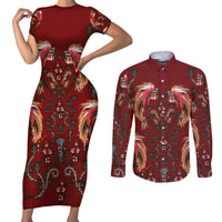 Oxblood Bird of Batik Papua Couples Matching Short Sleeve Bodycon Dress and Long Sleeve Button Shirt Exotic Natural Wealth of Papua - Polynesian Pride