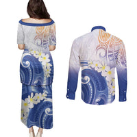 Marshall Islands Manit Day Couples Matching Puletasi and Long Sleeve Button Shirt Plumeria and Polynesian Tribal