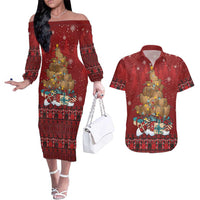 Funny Kiwi Bird Xmas Tree Couples Matching Off The Shoulder Long Sleeve Dress and Hawaiian Shirt New Zealand Tribal Christmas Spirit LT9 Red - Polynesian Pride