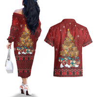Funny Kiwi Bird Xmas Tree Couples Matching Off The Shoulder Long Sleeve Dress and Hawaiian Shirt New Zealand Tribal Christmas Spirit - Polynesian Pride