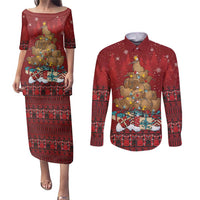 Funny Kiwi Bird Xmas Tree Couples Matching Puletasi and Long Sleeve Button Shirt New Zealand Tribal Christmas Spirit LT9 Red - Polynesian Pride
