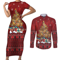Funny Kiwi Bird Xmas Tree Couples Matching Short Sleeve Bodycon Dress and Long Sleeve Button Shirt New Zealand Tribal Christmas Spirit LT9 Red - Polynesian Pride