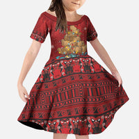 Funny Kiwi Bird Xmas Tree Family Matching Short Sleeve Bodycon Dress and Hawaiian Shirt New Zealand Tribal Christmas Spirit LT9 Daughter's Dress Red - Polynesian Pride