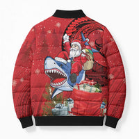 Funny Santa Riding Shark Bomber Puffer Jacket Polynesian Tribal Christmas Spirit - Polynesian Pride