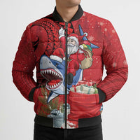 Funny Santa Riding Shark Bomber Puffer Jacket Polynesian Tribal Christmas Spirit - Polynesian Pride