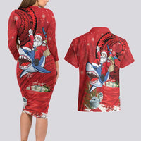 Funny Santa Riding Shark Couples Matching Long Sleeve Bodycon Dress and Hawaiian Shirt Polynesian Tribal Christmas Spirit - Polynesian Pride