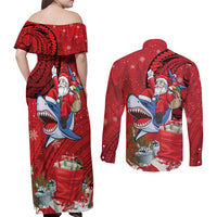 Funny Santa Riding Shark Couples Matching Off Shoulder Maxi Dress and Long Sleeve Button Shirt Polynesian Tribal Christmas Spirit - Polynesian Pride