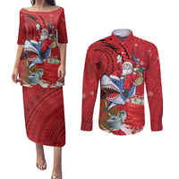 Funny Santa Riding Shark Couples Matching Puletasi and Long Sleeve Button Shirt Polynesian Tribal Christmas Spirit - Polynesian Pride