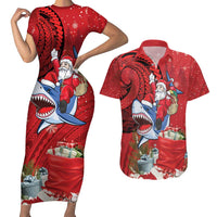 Funny Santa Riding Shark Couples Matching Short Sleeve Bodycon Dress and Hawaiian Shirt Polynesian Tribal Christmas Spirit - Polynesian Pride