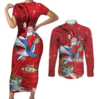 Funny Santa Riding Shark Couples Matching Short Sleeve Bodycon Dress and Long Sleeve Button Shirt Polynesian Tribal Christmas Spirit LT9 Red - Polynesian Pride