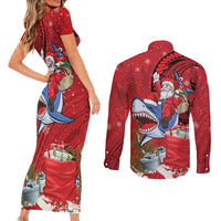 Funny Santa Riding Shark Couples Matching Short Sleeve Bodycon Dress and Long Sleeve Button Shirt Polynesian Tribal Christmas Spirit LT9 - Polynesian Pride