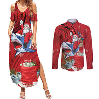 Funny Santa Riding Shark Couples Matching Summer Maxi Dress and Long Sleeve Button Shirt Polynesian Tribal Christmas Spirit LT9 Red - Polynesian Pride