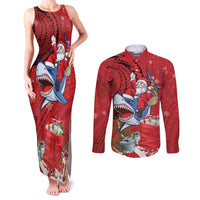 Funny Santa Riding Shark Couples Matching Tank Maxi Dress and Long Sleeve Button Shirt Polynesian Tribal Christmas Spirit - Polynesian Pride