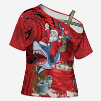Funny Santa Riding Shark Cross Shoulder Shirt Polynesian Tribal Christmas Spirit - Polynesian Pride