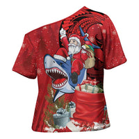 Funny Santa Riding Shark Cross Shoulder Shirt Polynesian Tribal Christmas Spirit - Polynesian Pride