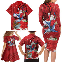 Funny Santa Riding Shark Family Matching Long Sleeve Bodycon Dress and Hawaiian Shirt Polynesian Tribal Christmas Spirit LT9 - Polynesian Pride