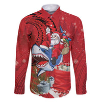 Funny Santa Riding Shark Family Matching Long Sleeve Bodycon Dress and Hawaiian Shirt Polynesian Tribal Christmas Spirit LT9 Dad's Shirt - Long Sleeve Red - Polynesian Pride