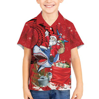 Funny Santa Riding Shark Family Matching Long Sleeve Bodycon Dress and Hawaiian Shirt Polynesian Tribal Christmas Spirit - Polynesian Pride