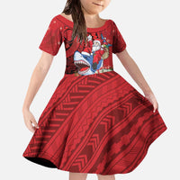 Funny Santa Riding Shark Family Matching Off The Shoulder Long Sleeve Dress and Hawaiian Shirt Polynesian Tribal Christmas Spirit LT9 Daughter's Dress Red - Polynesian Pride
